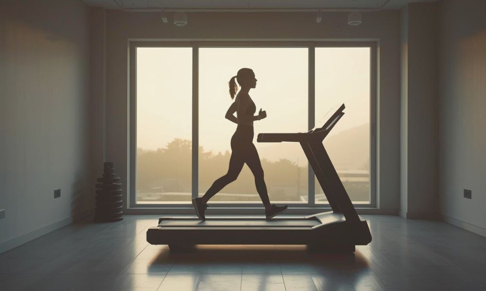 Runner on treadmill in morning light, minimalist home gym, calm vibe