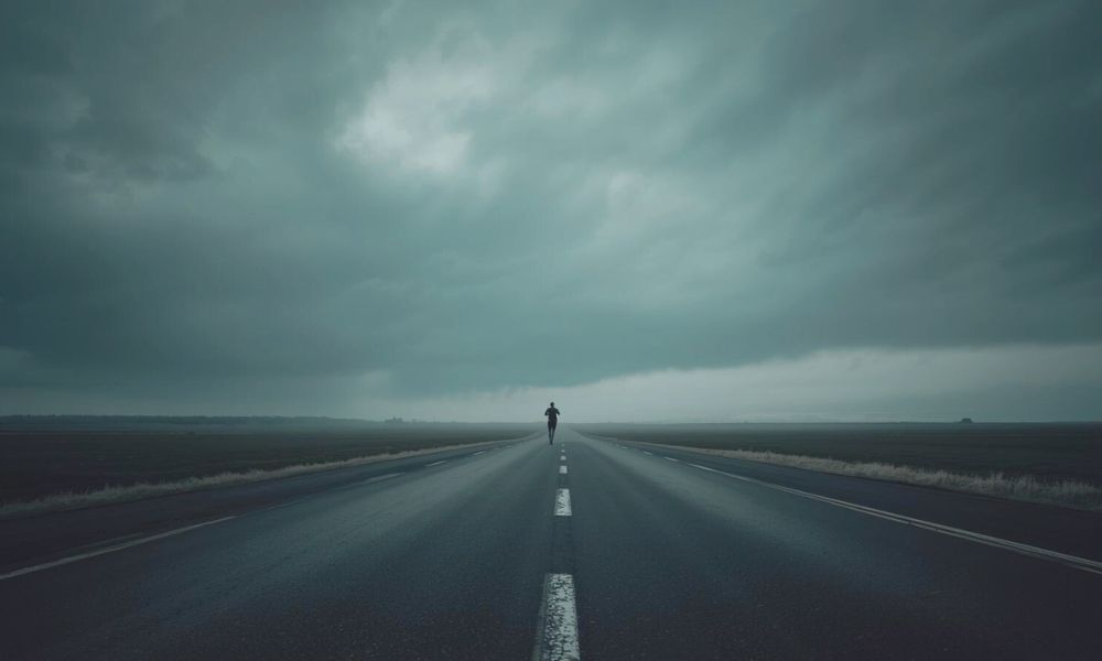 A lone runner on a long empty road, representing emotional resilience built in solitude.