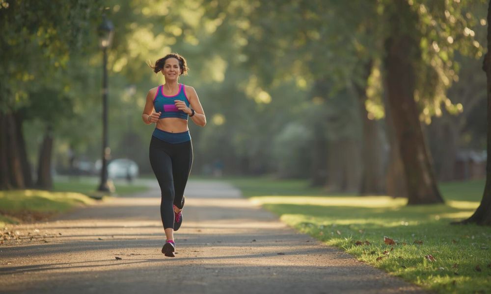 A runner moving through a peaceful forest trail alone, capturing the clarity that comes from solitude.