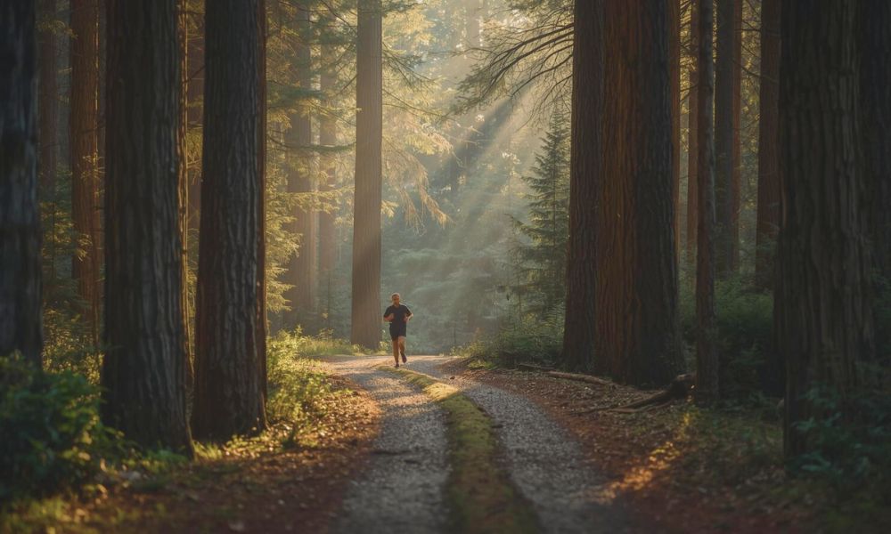 A solo runner in a forest, representing the benefit of running alone.
