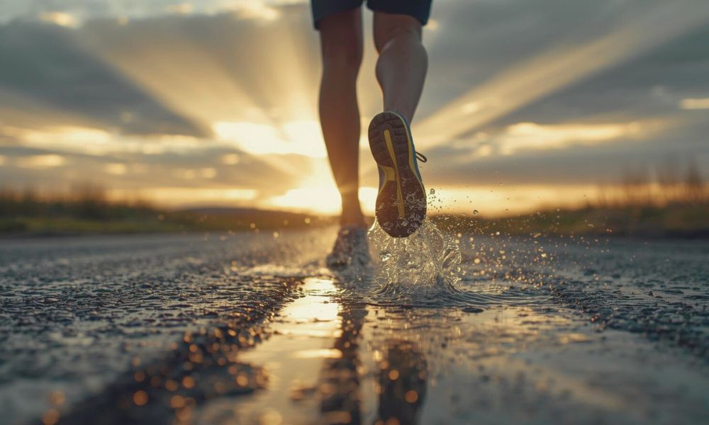 Close-up of a runner’s shoes mid-stride on a wet road with sunlight breaking through clouds, symbolizing clarity, focus, and emotional renewal through running.