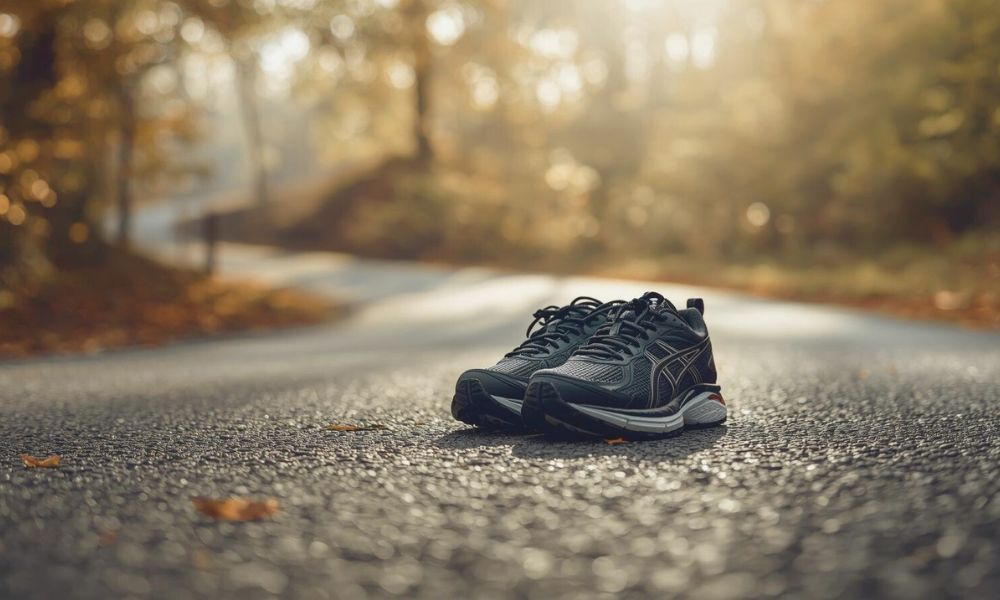 Running shoes on a quiet path, symbolizing running meditation and healing.
